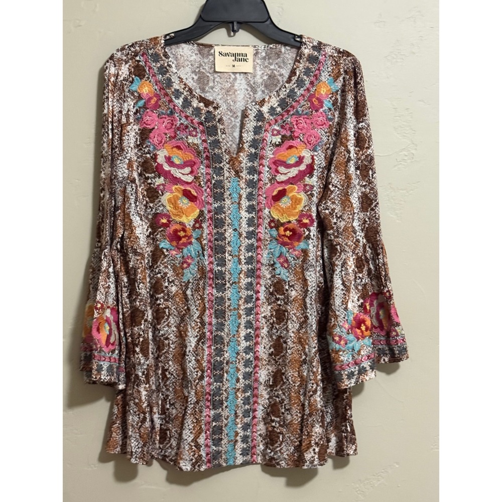 Savanna Jane Embroidered Tunic  M Brown Snakeskin Bohol Bell Sleeve 100% Rayon